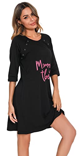 Vlazom Camisón de Lactancia para Mujer, Premamá Camisón de Lactancia de Algodón, Camisón de Labor de Manga 3/5 para Hospital / Hoga(Negro,L)