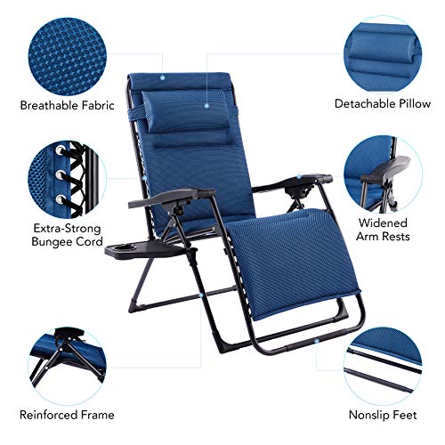 VOLUNCE Silla de Gravedad Cero con Portavaso Silla Reclinable Exteior de Extra Ancha con Reposacabezas Acolchado Tumbona Plegable e Impermeable para Jardín, Piscina y Playa (Azul)