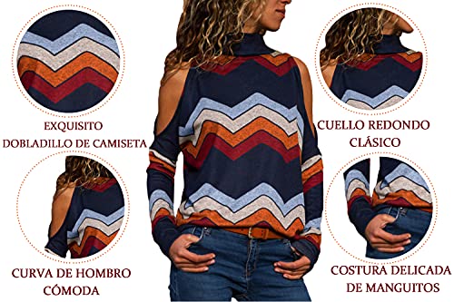 Voqeen Camisa de Manga Larga Tallas Grandes Mujer Camisas Estampado de Moda de Mujer Verano Camisas Blusas Tops Cold Shoulder Blusa Camisa Algodón Shirt (A - Armada, XL)