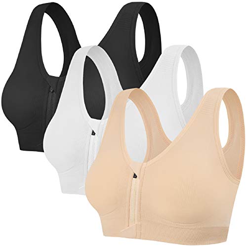 Voqeen Sujetador Deportivo Mujer con Cremallera Frontal de Alto Impacto Sexy Push Up con Almohadillas Extraíbles Bra Deporte de Diaria Slim Fit sin Aros de Acero Chaleco (Negro + Blanco + Piel, XXL)