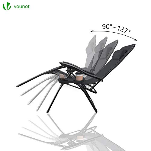 VOUNOT Set de 2 Tumbona Plegable Multiposicione Jardín, Silla Gravedad Cero Reclinable, con Soporte para Bebidas y Reposacabezas Axtraíble, Carga máxima 120kg, Negro