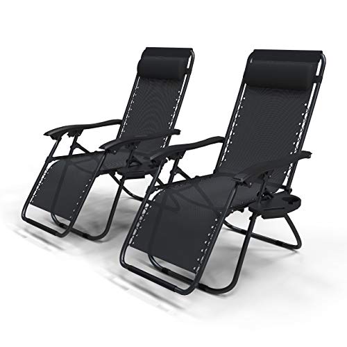 VOUNOT Set de 2 Tumbona Plegable Multiposicione Jardín, Silla Gravedad Cero Reclinable, con Soporte para Bebidas y Reposacabezas Axtraíble, Carga máxima 120kg, Negro