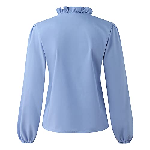 WANGTIANXUE Sudadera de manga larga con volantes para mujer, ropa de calle, ropa moderna, elegante escote en V, camiseta de manga larga con estampado sólido., azul, L