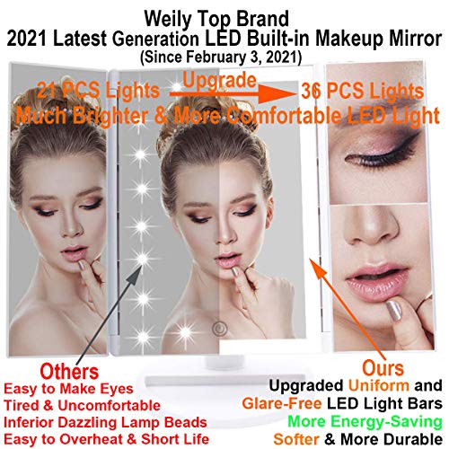 WEILY Espejo Maquillaje, Espejo Cosmético,Luz Ajustable con 36 LED,Tríptica Aumentos 1X, 2X, 3X, Rotación Ajustable de 180 °, Fuente de alimentación Doble, Espejo cosmético encimera