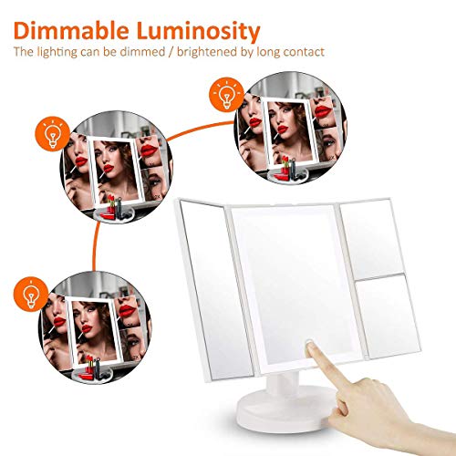 WEILY Espejo Maquillaje, Espejo Cosmético,Luz Ajustable con 36 LED,Tríptica Aumentos 1X, 2X, 3X, Rotación Ajustable de 180 °, Fuente de alimentación Doble, Espejo cosmético encimera