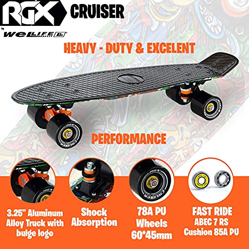 WeLLIFE Monopatín Mini Cruiser RGX de 22 pulgadas, monopatín, completo para niños, adultos, principiantes, ruedas de poliuretano 78A, tabla reforzada, rodamientos ABEC-7RS (Black – Multicolor)