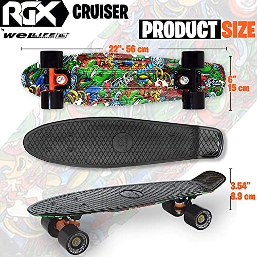 WeLLIFE Monopatín Mini Cruiser RGX de 22 pulgadas, monopatín, completo para niños, adultos, principiantes, ruedas de poliuretano 78A, tabla reforzada, rodamientos ABEC-7RS (Black – Multicolor)