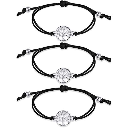 WILLBOND 3 Piezas Pulseras de Árboles Pulsera Ajustable Regalo de Banda de Textil Negro para Amistad, Gracias, Deseo (Negro)