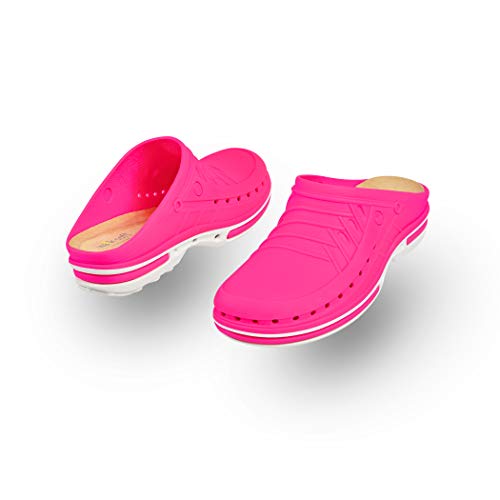 WOCK Clog sin Tira, Zueco Sanitario de Trabajo Blanco/Fucsia Mujer e Hombre - Esterilizable, Rango de tamaño de 35-48