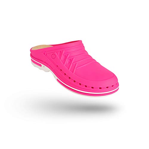 WOCK Clog sin Tira, Zueco Sanitario de Trabajo Blanco/Fucsia Mujer e Hombre - Esterilizable, Rango de tamaño de 35-48