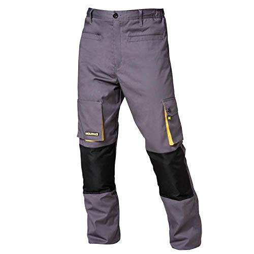 WOLFPACK LINEA PROFESIONAL 15018030 Botas Seguridad S3 Piel Negra Nº 42 + 15017090 Pantalon de trabajo Gris/Amarillo, Talla 42/44 M