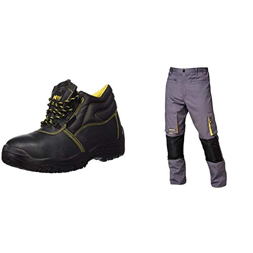 WOLFPACK LINEA PROFESIONAL 15018030 Botas Seguridad S3 Piel Negra Nº 42 + 15017090 Pantalon de trabajo Gris/Amarillo, Talla 42/44 M