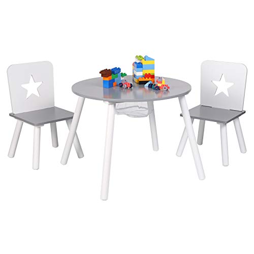 WOLTU 3 uds. Grupo de Asientos para Niños Mesa Redonda y 2 Sillas en Edad Preescolar Muebles para Niños 59.5 cm(φ) x 46 cm Blanco+Gris SG012