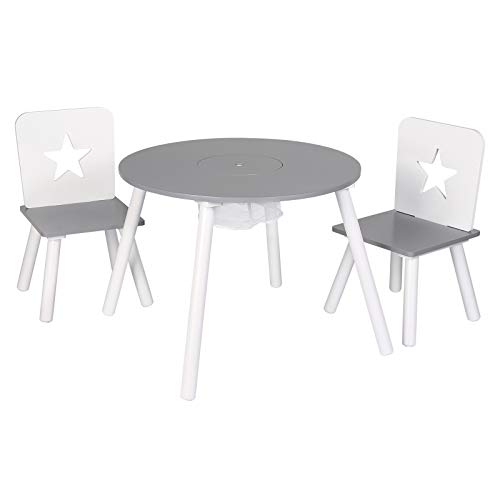 WOLTU 3 uds. Grupo de Asientos para Niños Mesa Redonda y 2 Sillas en Edad Preescolar Muebles para Niños 59.5 cm(φ) x 46 cm Blanco+Gris SG012