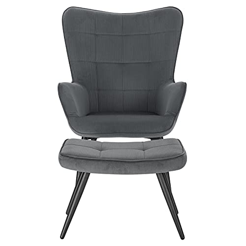 WOLTU Sillón de Relax con Reposapiés Silla de Escritorio con Escabel Sillón con Reposabrazos y Respaldo Alto de 59cm Pana Gris Oscuro Patas Metálicas SKS28dgr