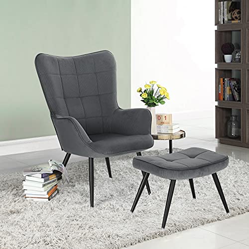 WOLTU Sillón de Relax con Reposapiés Silla de Escritorio con Escabel Sillón con Reposabrazos y Respaldo Alto de 59cm Pana Gris Oscuro Patas Metálicas SKS28dgr