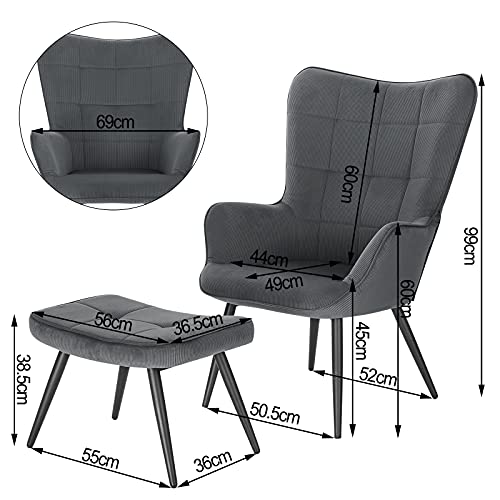 WOLTU Sillón de Relax con Reposapiés Silla de Escritorio con Escabel Sillón con Reposabrazos y Respaldo Alto de 59cm Pana Gris Oscuro Patas Metálicas SKS28dgr