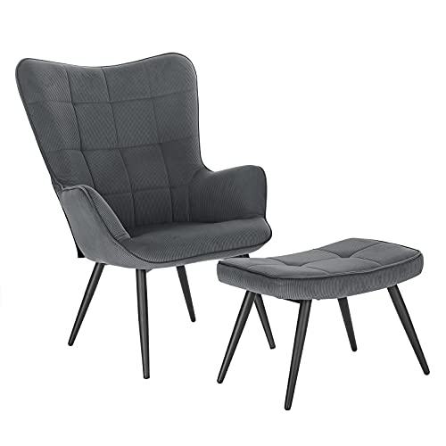 WOLTU Sillón de Relax con Reposapiés Silla de Escritorio con Escabel Sillón con Reposabrazos y Respaldo Alto de 59cm Pana Gris Oscuro Patas Metálicas SKS28dgr