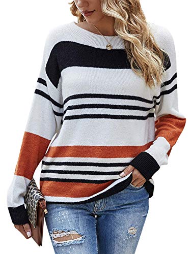 Woolen Bloom Jersey Punto Mujer Suéter Suelto Bloque de Color Informal Camisa Cuello Redondo Rayas Ligeras Manga Larga Camisetas Tops Pull-Over Suéter Mujer Primavera Otoño Invierno