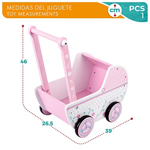 WOOMAX - Carrito de madera para muñecas WOOMAX, 26,5x39x46 cm, rosa y blanco, con ruedas, para muñecos de 30-40, carrito bebe juguetes 3 años, cochecitos para muñecos (46475)