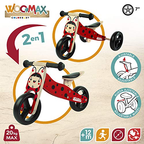 WOOMAX - Triciclo 2 en 1 sin pedales bebé 1 año, madera, 59 x 34 x 38 cm