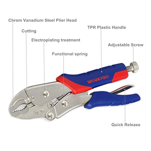 WORKPRO 3 Piezas-Juego de Alicates de Bloqueo Pinzas de Presión Acero Cr-V ,Mandíbula Curvada de 18CM y 25 CM, Mandíbula Recta de 16.5CM