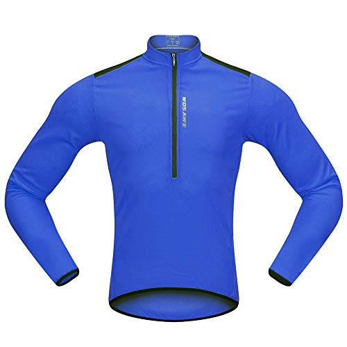 WOSAWE - Camiseta de ciclismo transpirable de manga larga para hombre, media cremallera, secado rápido, color azul XL)