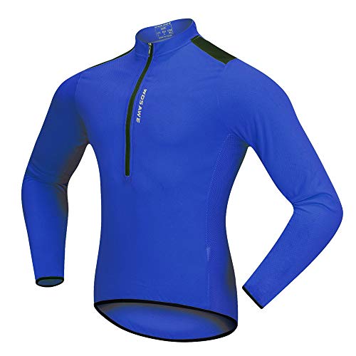 WOSAWE - Camiseta de ciclismo transpirable de manga larga para hombre, media cremallera, secado rápido, color azul XL)