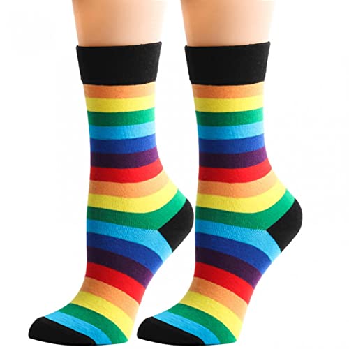 WXZZ Calcetines de mujer arcoíris de caña media, sin costuras, algodón peinado, calcetines para mujer, multicolor, a rayas, calcetines de deporte, calcetines cortos, Negro , F