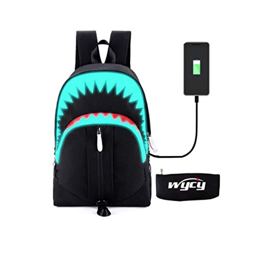 WYCY Tiburón Mochila Luminosa Mochila de Moda Para Niños con Puerto de Carga USB y Estuche de Lápices Luminoso, Unisex Mochila Escolar Fresca Mochila de Estudiante Realista (Tiburón de boca grande)