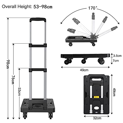 XINGHE Carro de Transporte, Carrito de Carga, Plegable y Regulable en Altura, Capacidad de Carga de 150 kg, con Base/Mango de Expansión Estirable, 2 Cuerda de expansión