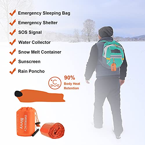 XiYee 2 Mantas de Dormir de Emergencia con 2 Silbatos de Supervivencia, Saco de Supervivencia Ligero e Impermeable, Saco Térmico Portátil para Acampar, Senderismo, Al Aire Libre