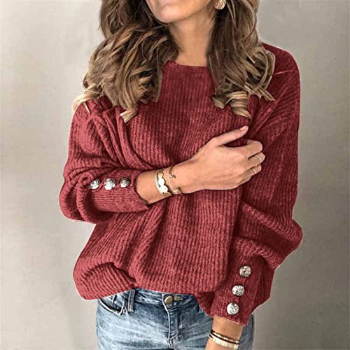 XUNN Jersey de punto grueso para mujer, cuello en V, jersey, suéter de manga larga, elegante, monocolor, cuello redondo, suelto, para otoño e invierno, rojo vino., M