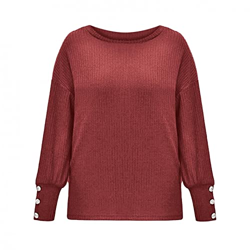 XUNN Jersey de punto grueso para mujer, cuello en V, jersey, suéter de manga larga, elegante, monocolor, cuello redondo, suelto, para otoño e invierno, rojo vino., M