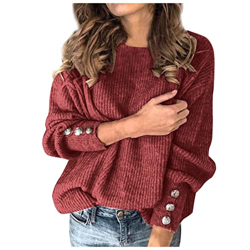 XUNN Jersey de punto grueso para mujer, cuello en V, jersey, suéter de manga larga, elegante, monocolor, cuello redondo, suelto, para otoño e invierno, rojo vino., M