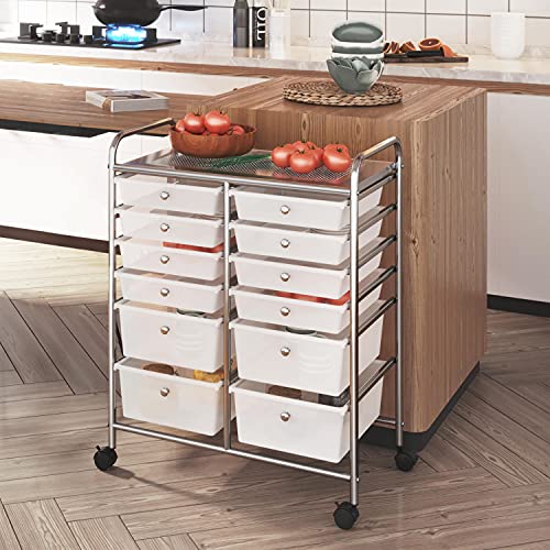 Yaheetech Carro de almacenamiento con Ruedas de 12 Cajones Carrito de Cocina Plásticos para Almacenaje Multiusos Cómodas Gabinete para Baño Salon Dormitorio Cocina