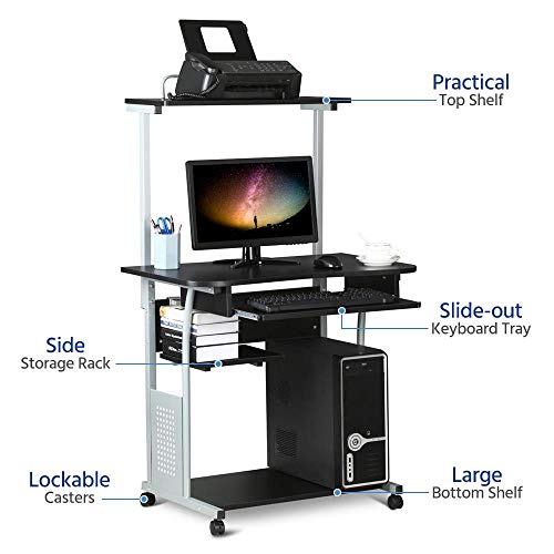 Yaheetech Mesa de Ordenador con Ruedas Escritorio de la Computadora Escritorio para Oficina con Bandeja de Teclado 80x50x132 cm (Negro)