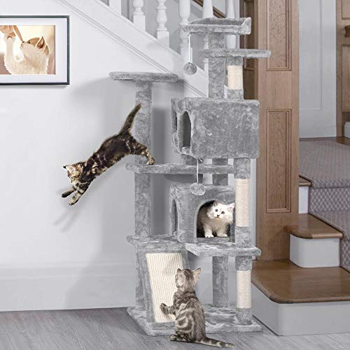 Yaheetech Rascador para Gatos 137cm Árbol para Gatos Medinos Castillo Juego de Gato Gatitos Mascotas, con Alfombra Rascadora Gris Claro