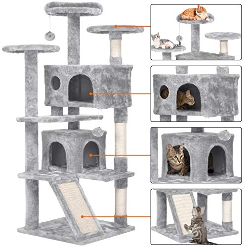 Yaheetech Rascador para Gatos 137cm Árbol para Gatos Medinos Castillo Juego de Gato Gatitos Mascotas, con Alfombra Rascadora Gris Claro