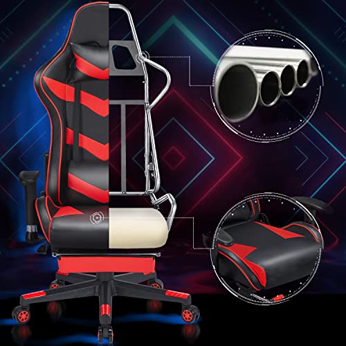 Yaheetech Silla Gaming con Reposapies Silla Escritorio Oficina Ergonómica Silla Reposacabezas Soporte Lumbar Cuero PU Inclinación Reclinable Giratoria Rojo