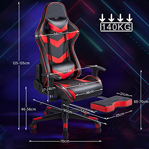 Yaheetech Silla Gaming con Reposapies Silla Escritorio Oficina Ergonómica Silla Reposacabezas Soporte Lumbar Cuero PU Inclinación Reclinable Giratoria Rojo