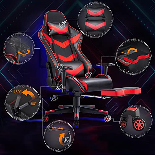 Yaheetech Silla Gaming con Reposapies Silla Escritorio Oficina Ergonómica Silla Reposacabezas Soporte Lumbar Cuero PU Inclinación Reclinable Giratoria Rojo