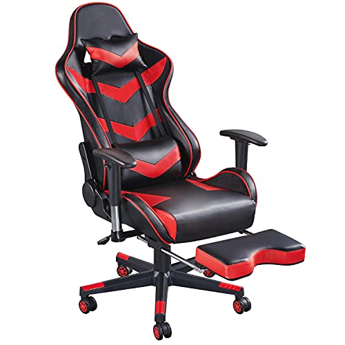 Yaheetech Silla Gaming con Reposapies Silla Escritorio Oficina Ergonómica Silla Reposacabezas Soporte Lumbar Cuero PU Inclinación Reclinable Giratoria Rojo