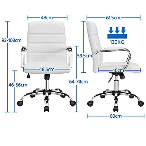 Yaheetech Silla Giratoria de Oficina Sillón de Trabajo con Respaldo Tapizado Asiento Cuero Sintético Altura Ajustable Blanco