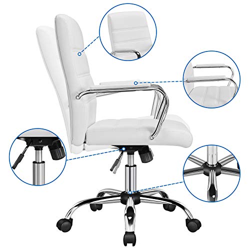 Yaheetech Silla Giratoria de Oficina Sillón de Trabajo con Respaldo Tapizado Asiento Cuero Sintético Altura Ajustable Blanco