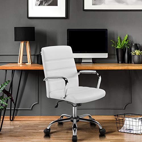 Yaheetech Silla Giratoria de Oficina Sillón de Trabajo con Respaldo Tapizado Asiento Cuero Sintético Altura Ajustable Blanco