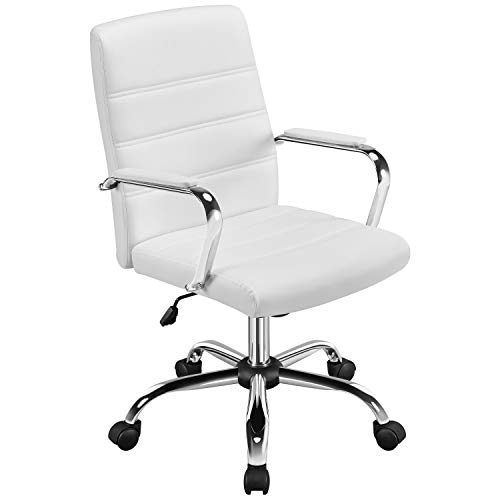 Yaheetech Silla Giratoria de Oficina Sillón de Trabajo con Respaldo Tapizado Asiento Cuero Sintético Altura Ajustable Blanco