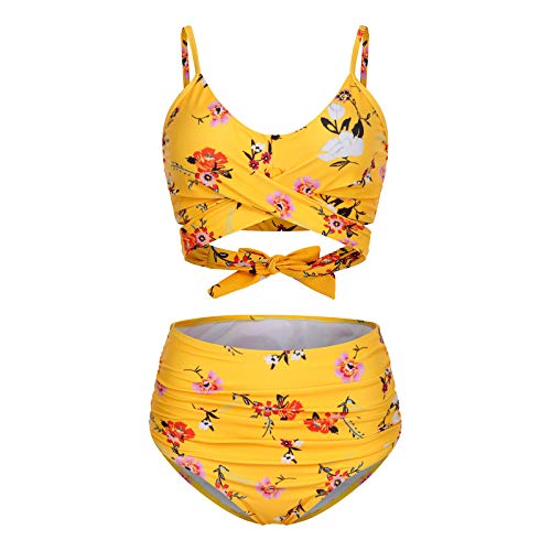 YANFANG Conjunto de Ropa de Playa de Traje de baño de Dos Piezas con Estampado de Bikini Sexy para Mujer,Tanga Sexy Traje de Baño Liso y Atrevido para Mujer,Yellow,M