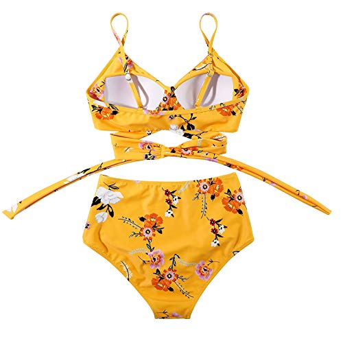 YANFANG Conjunto de Ropa de Playa de Traje de baño de Dos Piezas con Estampado de Bikini Sexy para Mujer,Tanga Sexy Traje de Baño Liso y Atrevido para Mujer,Yellow,M