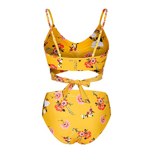 YANFANG Conjunto de Ropa de Playa de Traje de baño de Dos Piezas con Estampado de Bikini Sexy para Mujer,Tanga Sexy Traje de Baño Liso y Atrevido para Mujer,Yellow,M